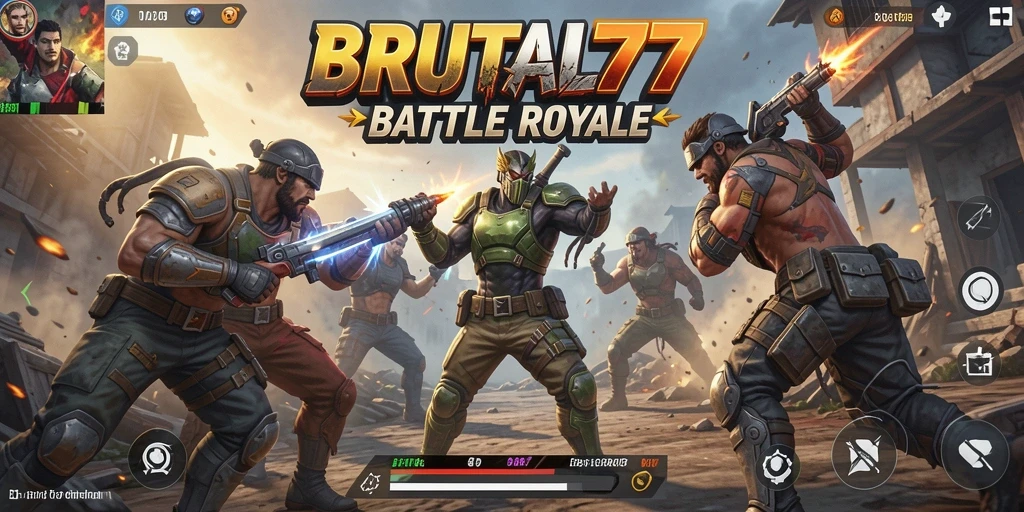 Tampilan gameplay BRUTAL77 yang seru dan penuh aksi di medan perang Battle Royale.